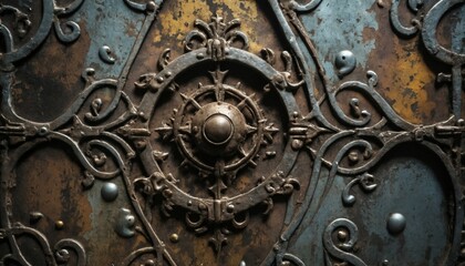 Close-up of aged metal with surreal lighting and intricate grunge details