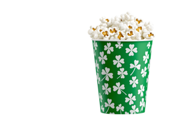 Shamrock-Decorated Popcorn Bucket with Clover Pattern Isolated on White

