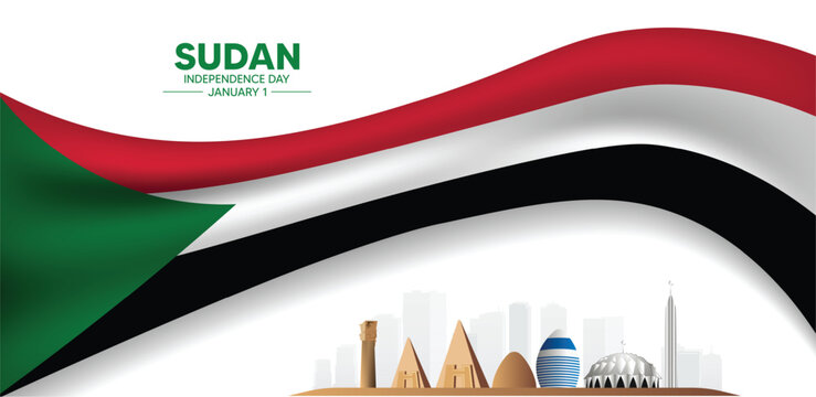 Sudan Independence Day cloth fabric waving flag cityscape vector poster
