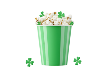 Green Popcorn Bucket with Shamrock Decorations Isolated on White Background

