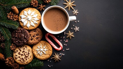 Artistic Flat Lay of Delicious Christmas Treats Featuring Festive Cookies, Hot Cocoa, and Seasonal Decorations Ideal for Holiday Celebrations