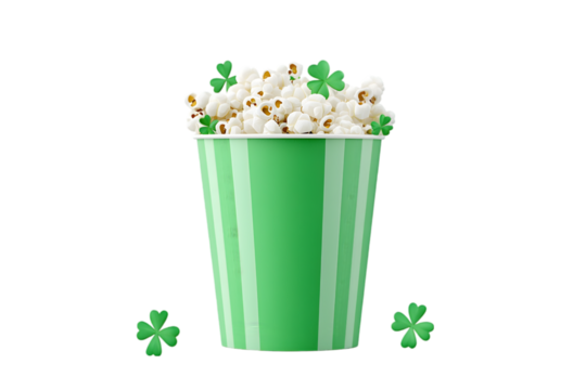 Green Popcorn Bucket with Shamrock Decorations Isolated on White Background

