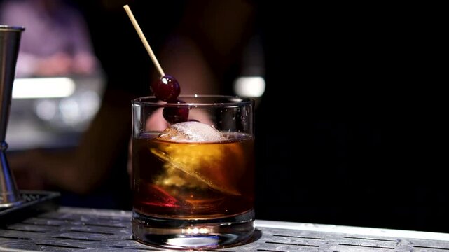 Hands, bartender and lemon in cocktail for drink preparation, beverage and closeup in pub. Alcohol, glass and barman with fruit slice on ice to garnish old fashioned whiskey on rocks for decor or art