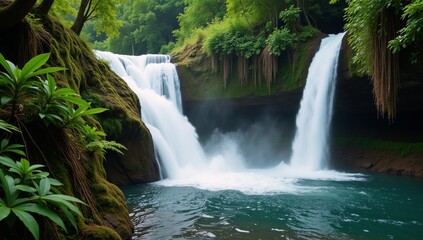 Fototapeta premium A waterfall amid lush rainforest landscape depicted using colorful textured craft quilting materials