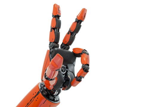 Engaging robotic hand with flexible fingers demonstrating a peace sign isolated on transparent background - Powered by Adobe