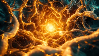 Artistic rendering of communication-focused visuals forming glowing patterns, showcasing inclusion and awareness for autism A vibrant, abstract depiction of interconnectedness, neural pathways, and