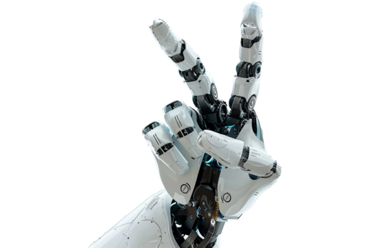 Mechanical robotic hand making a peace sign with elegance isolated on transparent background - Powered by Adobe