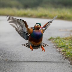 Obraz premium Wood Duck Taking Flight. Atlantic Puffin (Fratercula arctica), Farne Island, Northumberland, England, UK. Frosone comune in volo (Coccothraustes coccothraustes