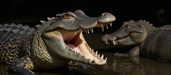 Fototapeta premium A fierce encounter between two menacing reptiles an alligator versus a crocodile