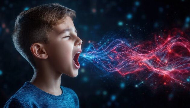 Artistic Rendering of Stuttering Therapy Glowing Language Visuals Showcasing Articulation and Skill Development in Children Innovative techniques for speech therapy, fluency building, and