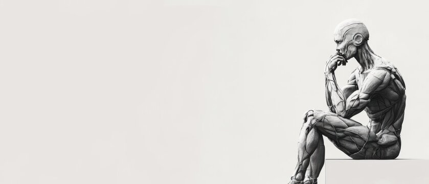 Pensive Robotic Figure in Contemplative Pose, Futuristic Art Sculpture