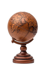 Vintage Wooden Globe with Carved Map Design Isolated on White Background

