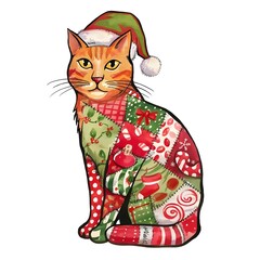 Christmas patchwork cat with a green Santa hat. watercolor illustration 