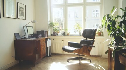 Cozy Home Office in Bright, Airy Room with Wooden Furniture