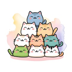 Cute pyramid of happy cats in  vibrant colors, stacked on top of each other.  illustration
