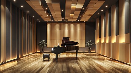 Grand piano in a modern, acoustically treated recording studio or performance hall with wood paneling and warm lighting.