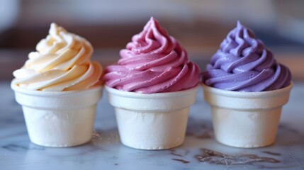 Three cups of frozen yogurt in yellow, pink, and purple.