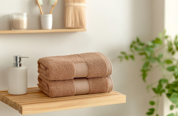 A mocha mousse upholstered bench placed at the foot of a white bed with neutral decor