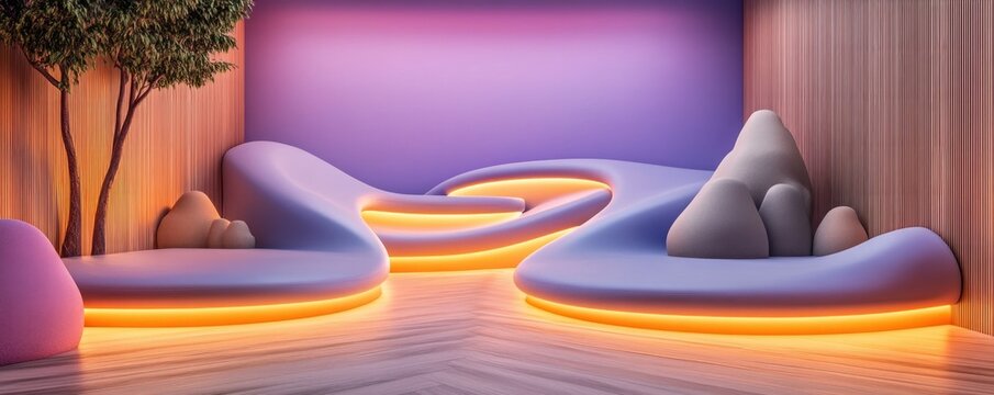 Innovative Inclusive Classroom Design Glowing Visual Pathways Enhance Communication Developmental Education for ASD Individuals Sensory-Friendly Environment with Organic Shapes, Soft Lighting, and