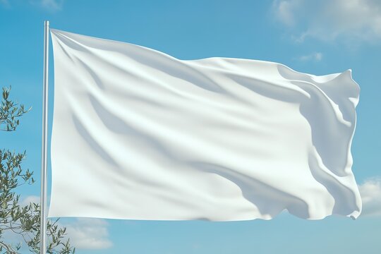 blank flag mockup waving in wind against blue sky