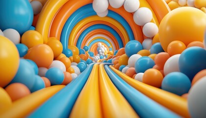 Vibrant depiction of sensory visuals forming education pathways, showcasing therapy and skills enhancement for autism spectrum disorder A journey through colorful tunnels and spheres representing