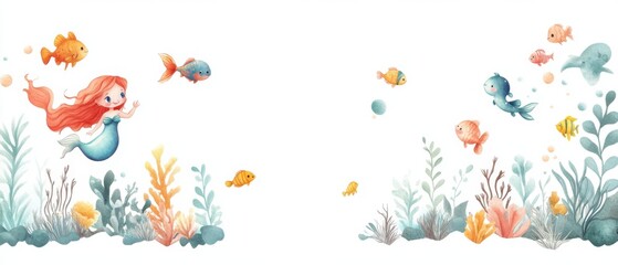 Adorable Mermaid Swimming with Colorful Fish in Underwater Scene