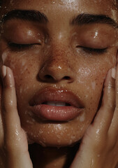 Freckled face of a woman with skincare drops