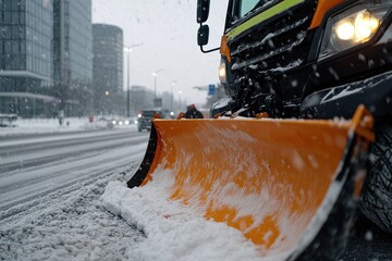 A snow plow moves through a snowy city street, efficiently clearing snow while cars pass by in the background. The scene captures winter's dynamic nature and urban life.