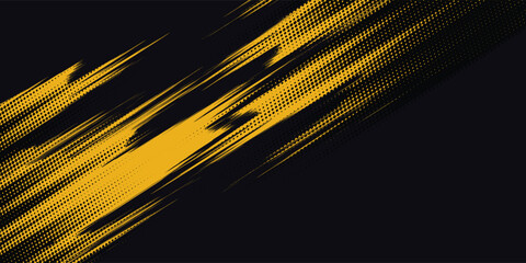 Halftone yellow dots pattern and black gradient grunge texture background. Dotted line comic sport style vector illustration.