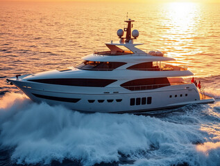 Fototapeta premium A luxury yacht silhouetted against a warm golden glow from backlighting