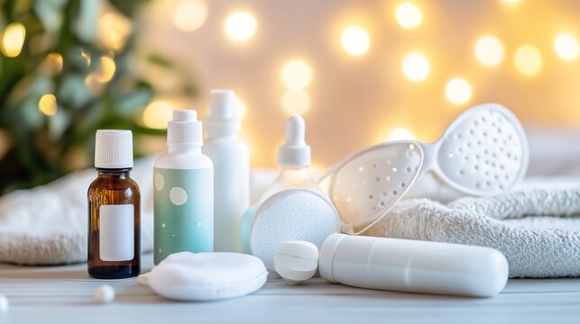 Sleep aid products neatly arranged on a bedside table, promoting relaxation and restful sleep for a peaceful night's slumber.
