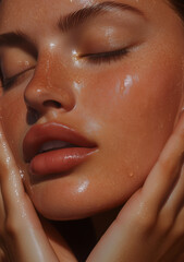 Sunlit woman with wet glowing skin