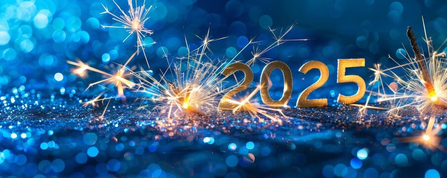 2025 New Year Celebration - Golden Number And Fireworks At Blue Eve Night In Abstract Defocused Lights, MZ