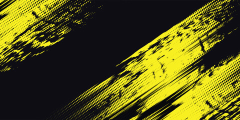 Halftone yellow dots pattern and black gradient grunge texture background. Dotted line comic sport style vector illustration.