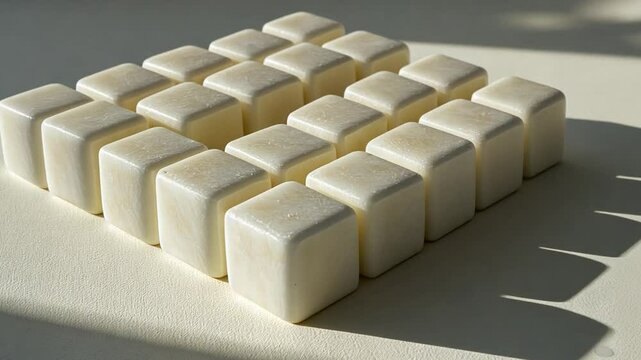 Minimalist Cube Arrangement: A grid of off-white ceramic cubes in a minimalist composition, capturing a sense of order and serenity. The soft light casts gentle shadows, adding depth and dimension. 
