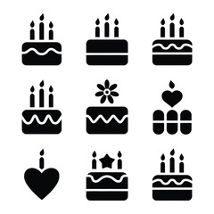 Cake dessert icons set. Sign kit of sweet food. Birthday party pictograms of cupcake design, candle decoration, strawberry cream. Simple delicious black symbol isolated on white. Vector Icon shape