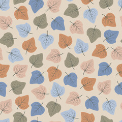 Foliage Seamless Pattern. Floral Leafy Background of Multicolor Pink and Blue Leaves