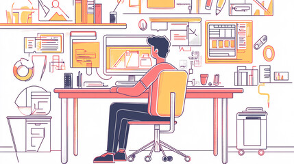 Fototapeta premium A line-drawn avatar of a man seated at a computer, surrounded by minimal tools for hardware diagnostics and tech support. 