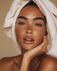 Portrait of a beautiful woman with freckles and a towel wrap
