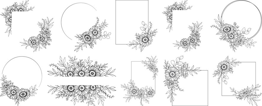 Floral frame and border collection, elegant vector set of flower wreaths, corner decorations, and circular or rectangular arrangements for wedding invitations, cards, logos, and graphic design