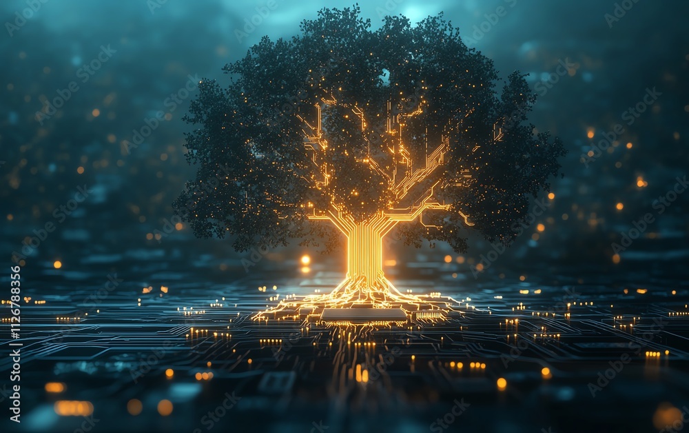 Poster a glowing digital tree of light with intricate circuitry branching from a central microchip, illumin