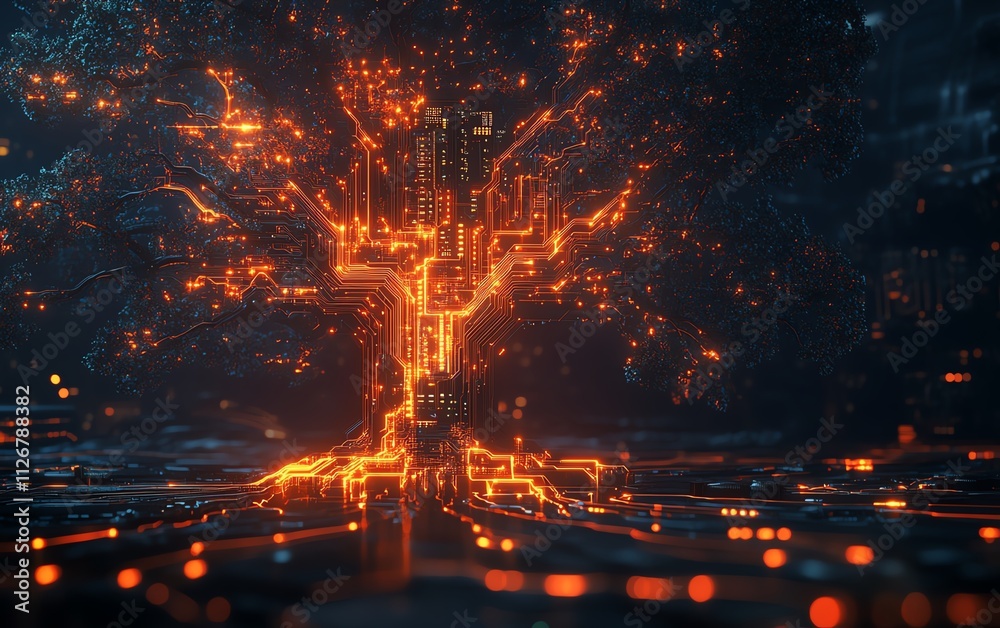 Poster A glowing digital tree of light with intricate circuitry branching from a central microchip, illuminated against a dark futuristic background