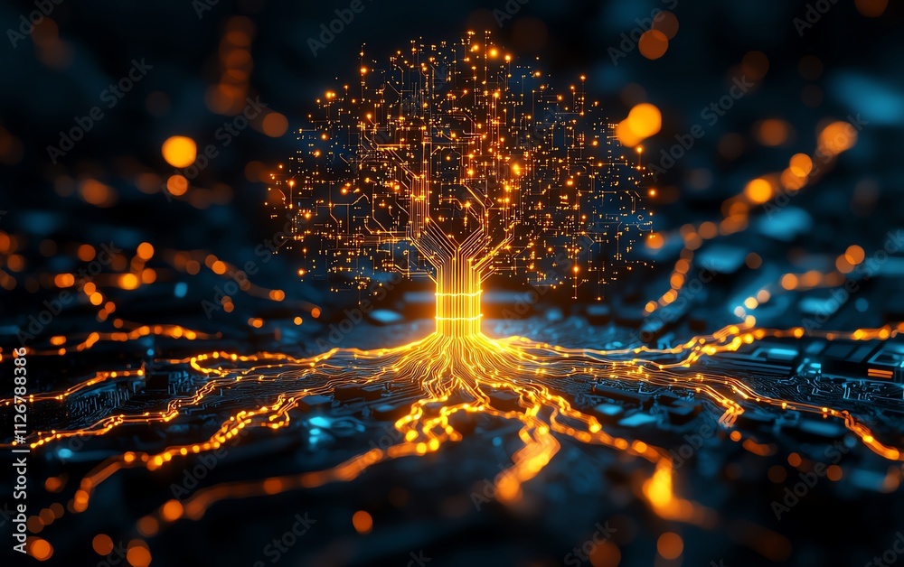 Poster a glowing digital tree of light with intricate circuitry branching from a central microchip, illumin