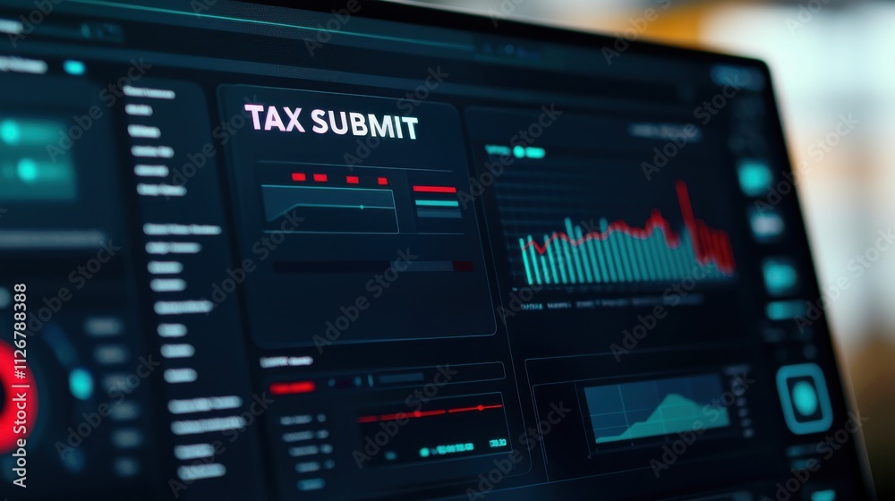 Poster a dashboard displaying tax submission data, including graphs and metrics for financial analysis.
