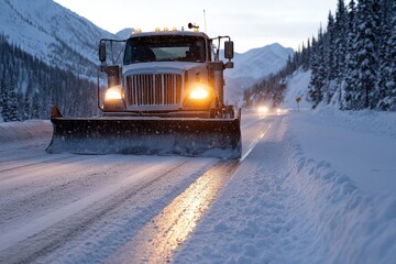 A snowplow lit by headlights cuts through a winter wonderland, emphasizing the critical role of snow removal in creating accessible pathways during severe weather.