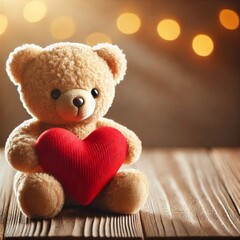 Obraz premium Teddy bear holding red heart. Happy Valentine's Day celebration.
