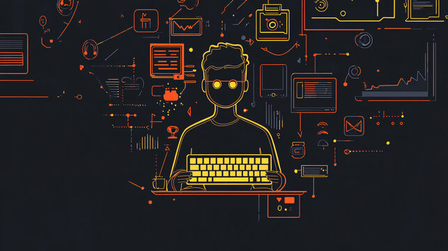 A line-drawn avatar of a tech support guy holding a glowing keyboard, surrounded by minimal tech symbols for device repair. 