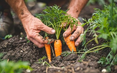 Close up, senior hands harvesting carrots in the garden. Regenerative, sustainable agriculture. Nature restoration, permaculture. Eco friendly resilience, holistic, biodiversity, soil centric concept