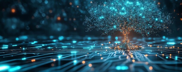 A glowing technological tree with branches of circuitry extending from a microchip, set against a sleek and mysterious dark background