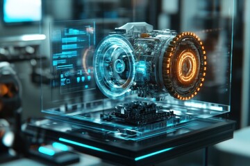 Holographic display showcasing a detailed 3D model of an engine.